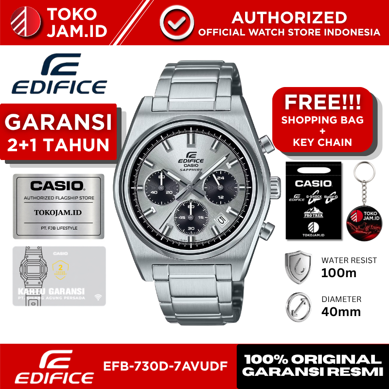 Jam Tangan Pria Casio Edifice EFB-730D-7AVUDF Original Analog Chronograph Silver Stainless Steel Whi