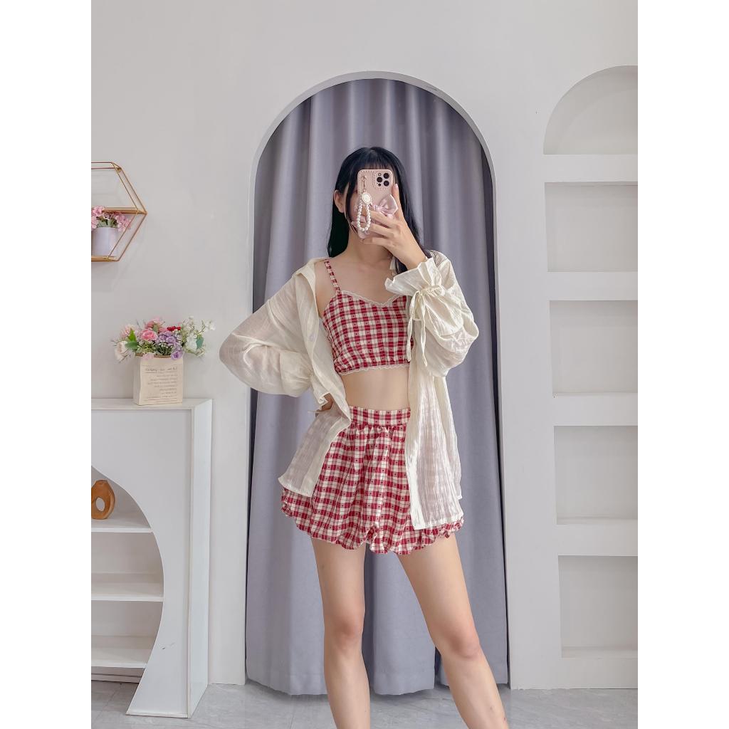 INSUN - LETHIA SET | 3IN1 Gingham Cami, Sheer Outer & Ruffle Shorts Set