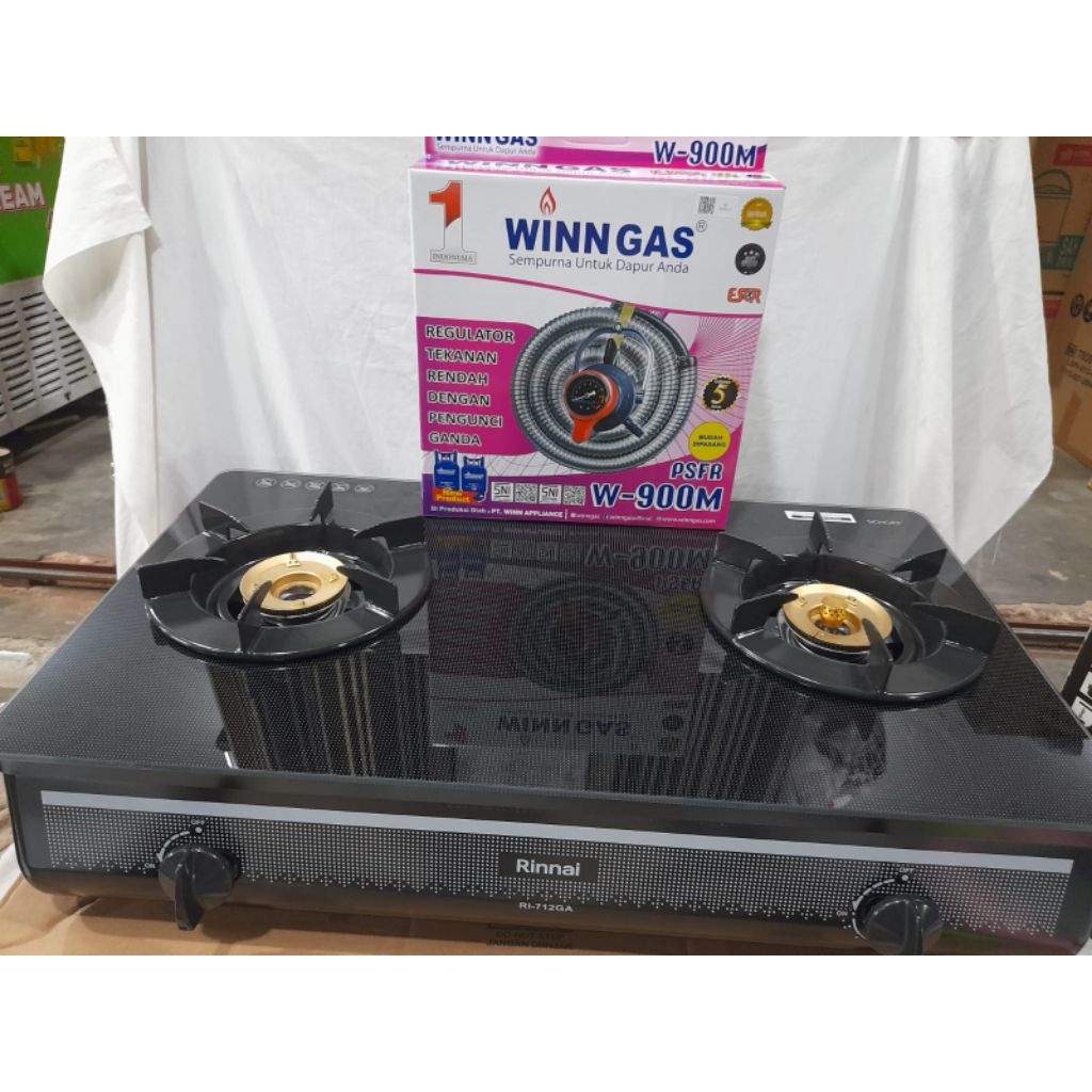Kompor gas kaca 2 tungku RI 712 GABHITAM
merk Rinnai
Set selang regulator winn gas