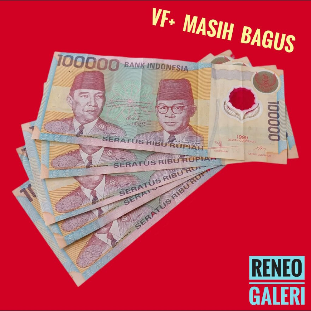VF+ Asli 100.000 Rupiah Polimer mawar merah tahun 1999 Rp 100000 sukarno hatta plastik uang kuno Ind