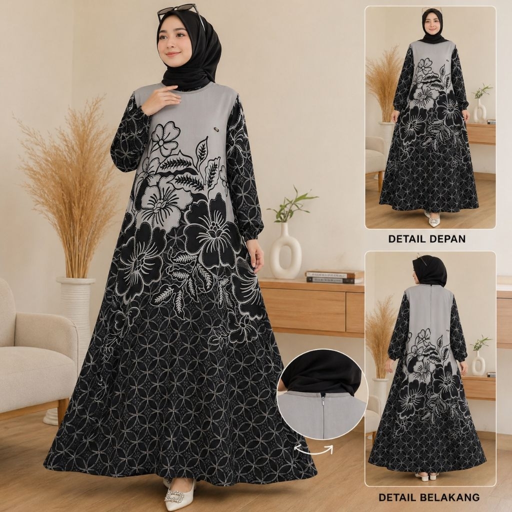 Gamis Floral Hitam Putih Wanita Dress Panjang Elegan Motif Bunga Besar
