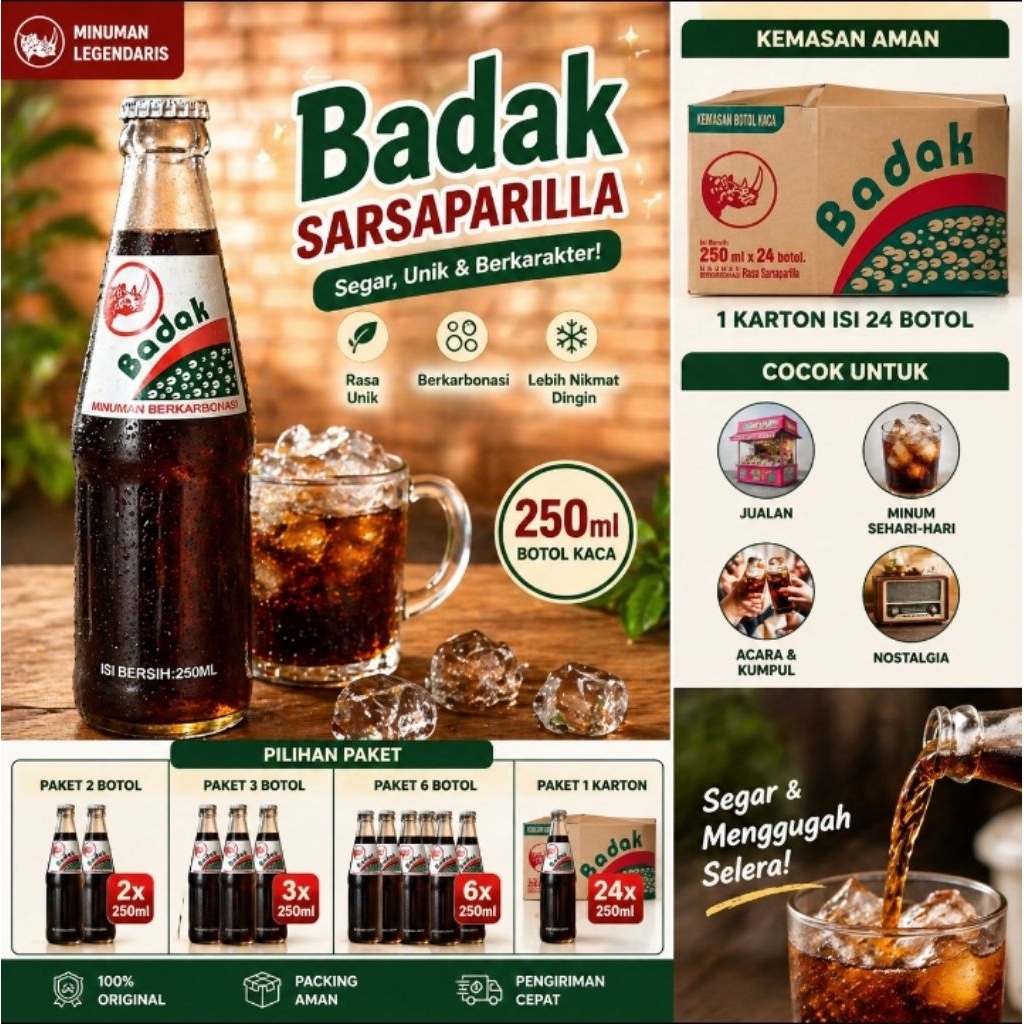 Badak Sarsaparilla 250ml Minuman Soda Legendaris Segar Isi 24 Botol