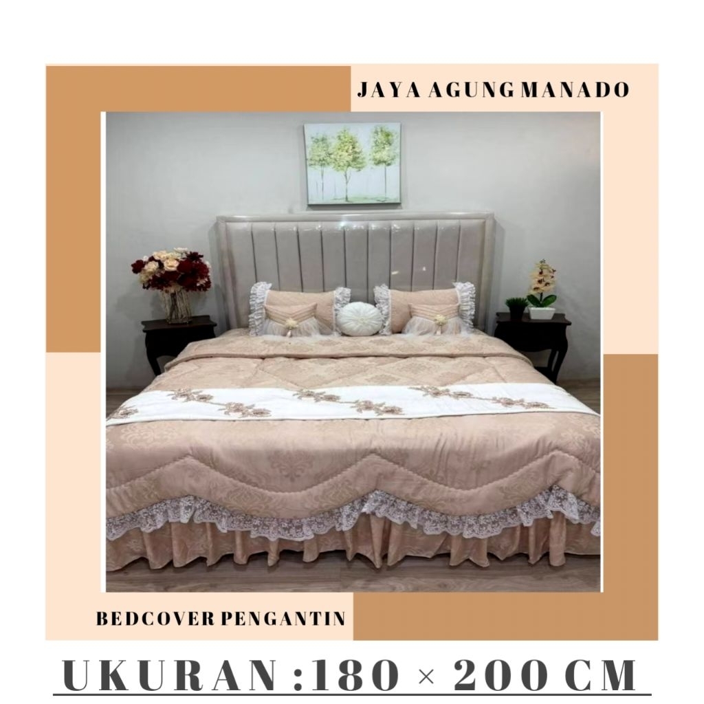 BEDCOVER SET + SPREI SATIN/BEDCOVER DEKORASI PENGANTIN UKURAN 180×200
