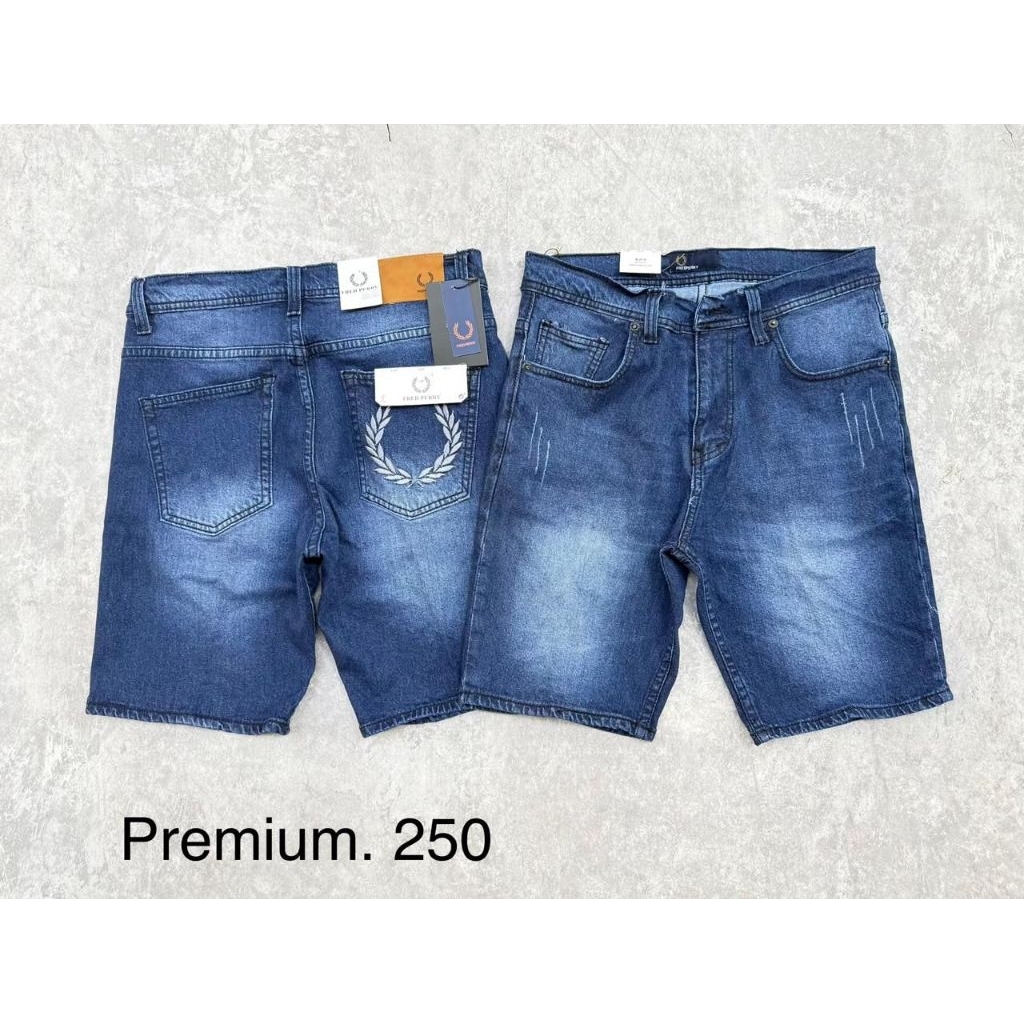 Celana jeans pendek pria surfing bahan soft denim FredPerry Bordir