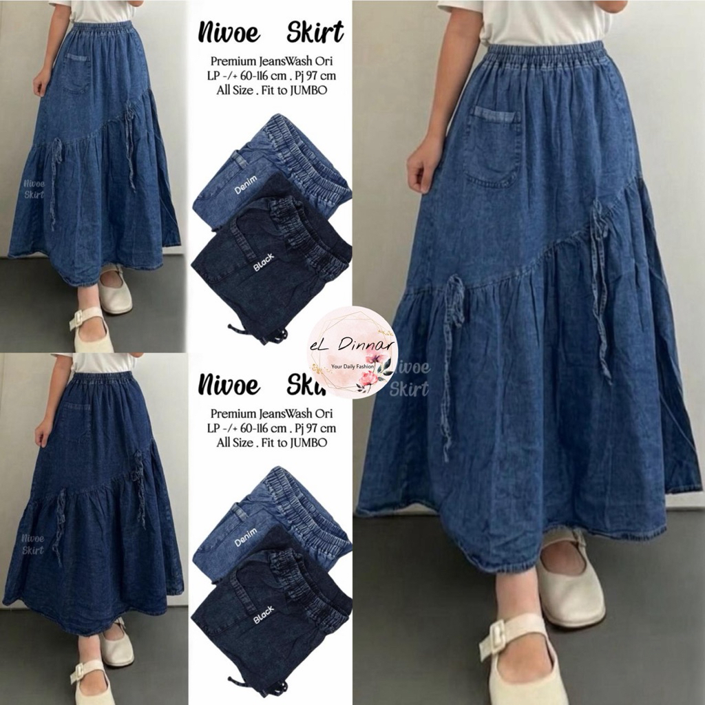 COD = NO CANCEL• Nivoe Skirt• Rok Jeans Wash Lebar Bawah Pinggang Karet