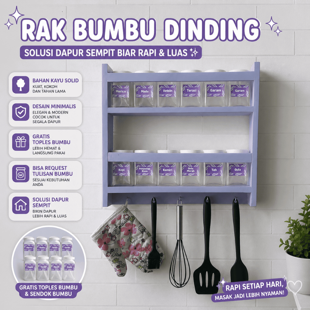 Rak Dapur Gantung Susun Rak Bumbu Dapur Dinding Minimalis Warna Ungu Gratis Toples Bumbu ada label A