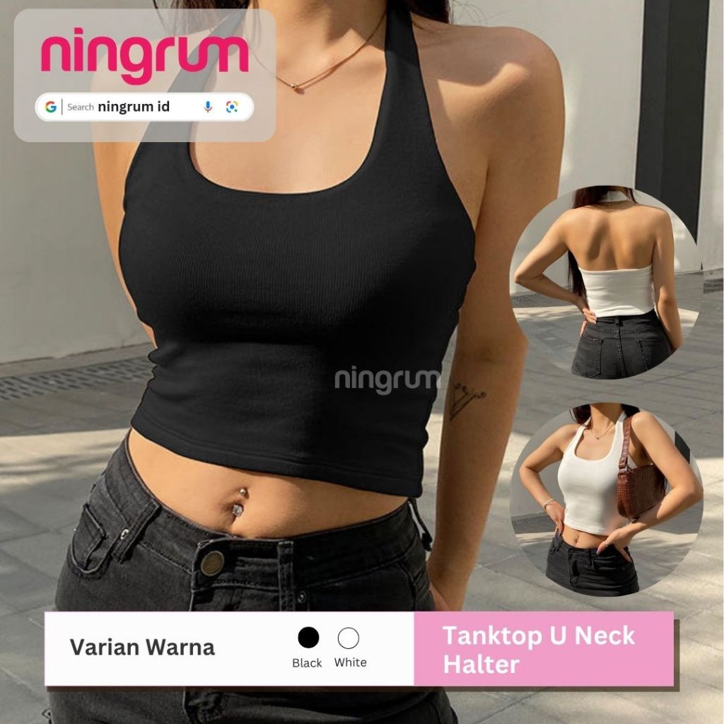 Ningrum - Tank Top Atasan Wanita Tanpa Lengan Sexy U-Neck Halter White - Tanktop halter neck T016
