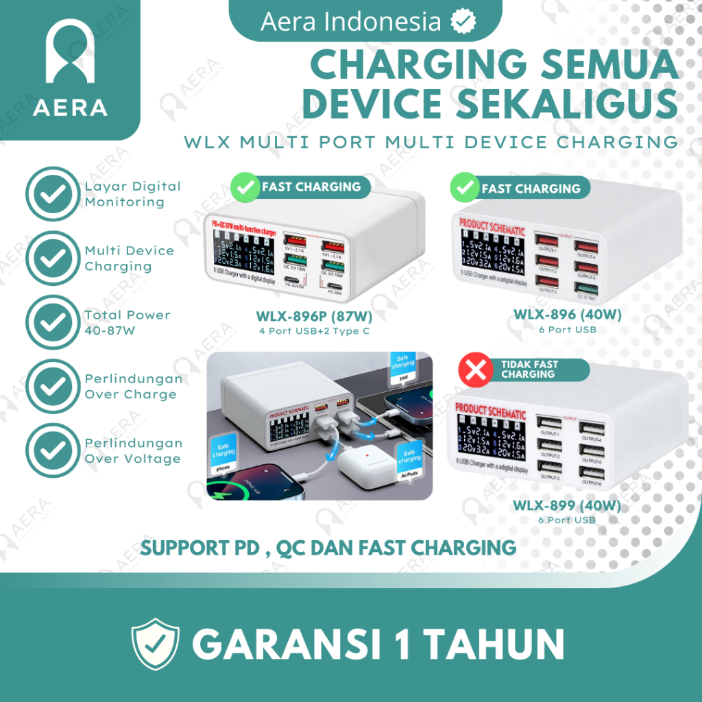 Smart Charger WLX-896 896P 899 Charger 6 Port Fast Charging QC 3.0 40W LCD Display untuk HP Tablet L