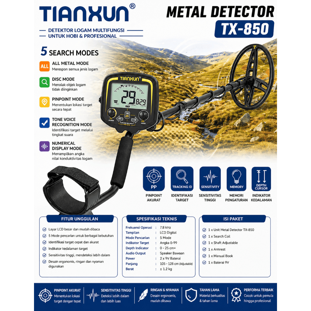 ORIGINAL TIANXUN METAL DETECTOR TX850 UNDERGROUND ALAT PENCARI EMAS TX-850 LOGAM TIANXUN Scanner Log