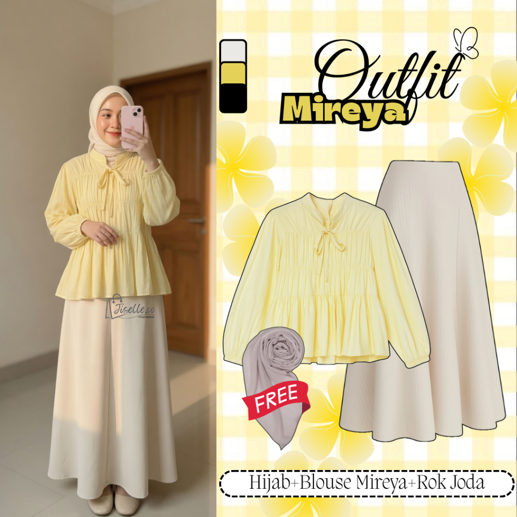 One Set Baju Wanita Kekinian 3in1[Mireya Blouse+Rok Joda+Hijab]OOTD Kuning Pastel Korean Style JC11K