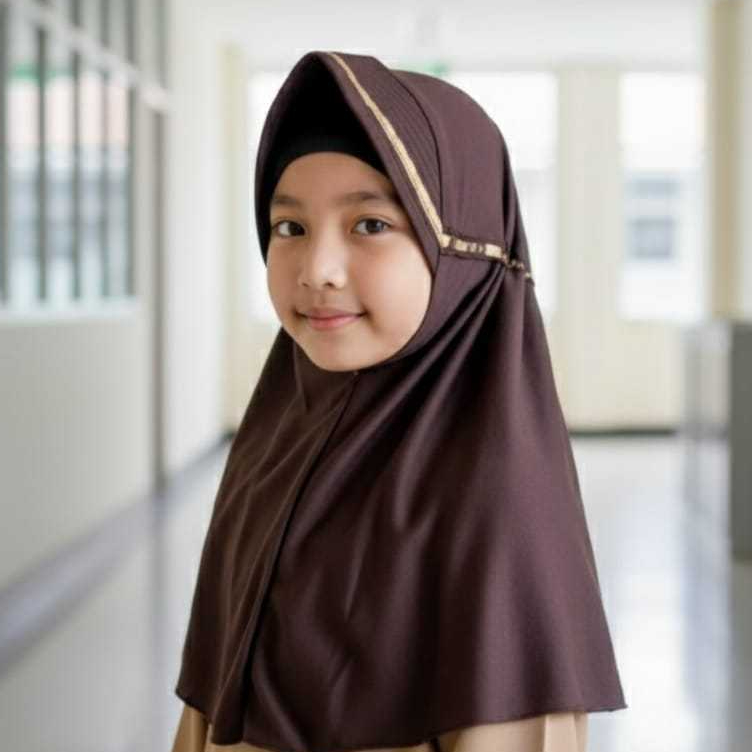 Hijab Anak Pita List PE Double Size S M Kerudung Anak Lucu Nyaman 2 Warna Coklat Mocca Putih Merah