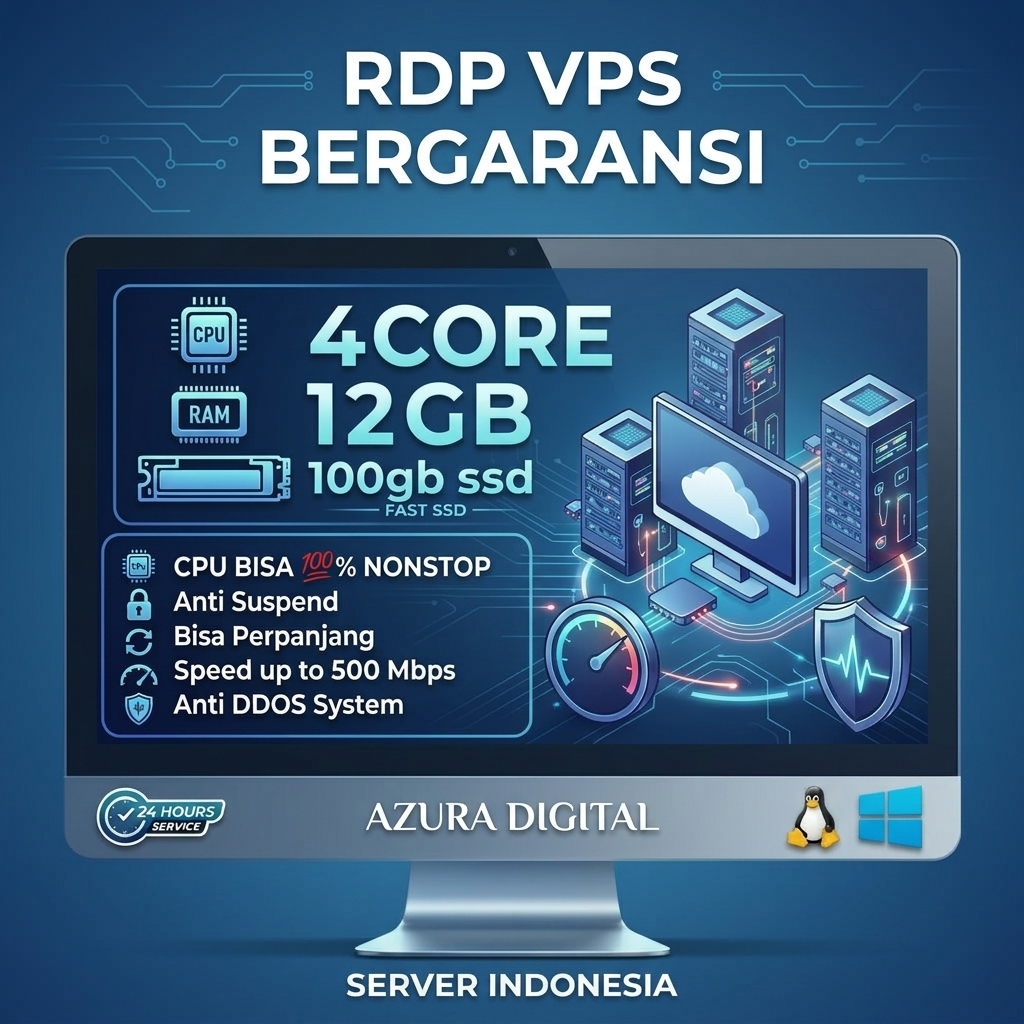 RDP VPS Server Indonesia 12GB RAM 4 Core - 1 Buan Anti Suspend Full Garansi