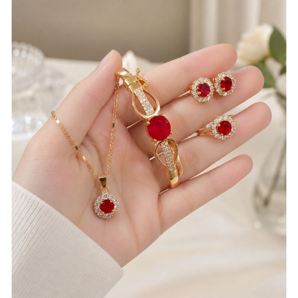 Satu Set Perhiasan Wanita Permata Merah emas 24k