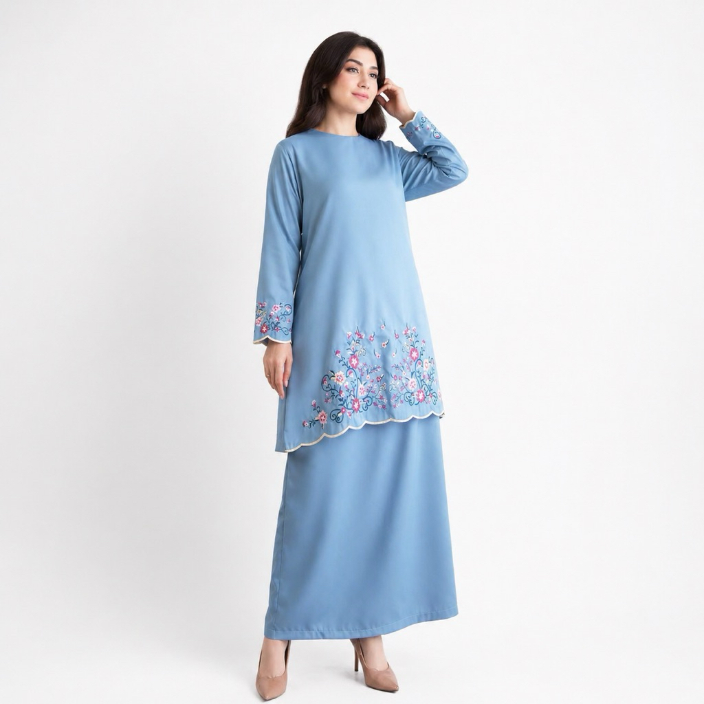 Elorisse - One Set Kyara Bordir Kurung Melayu Model  Katun Toyobo Bordir Simple