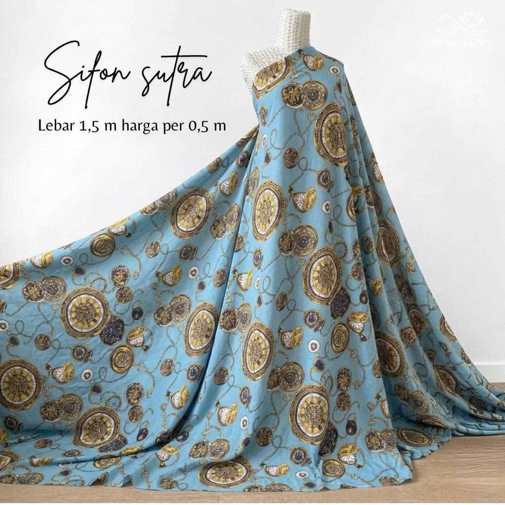 kain sifon sutra original motif jam vintage- kain sifon silk untuk gamis dan tunik