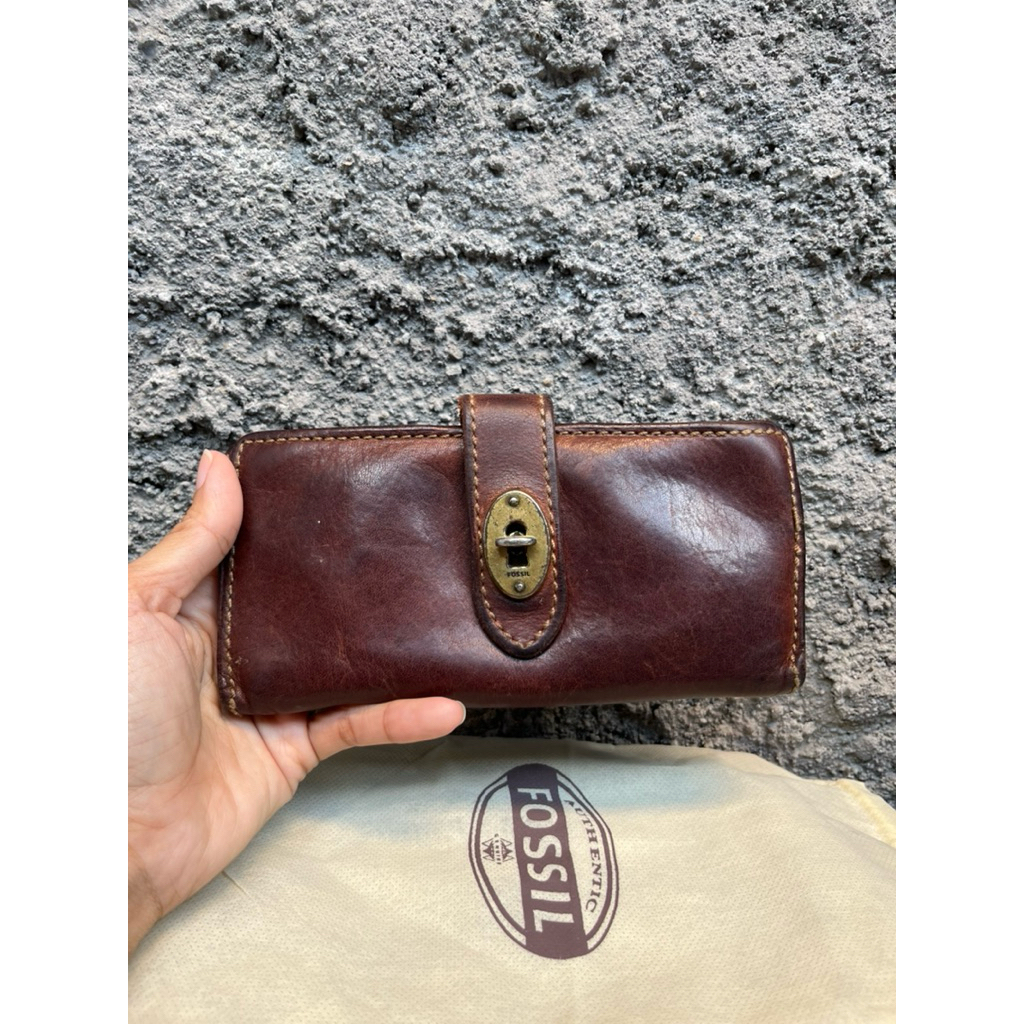 Dompet Fossil Authentic Kulit Asli Brown Vintage Turnlock – Long Wallet Elegant & Premium