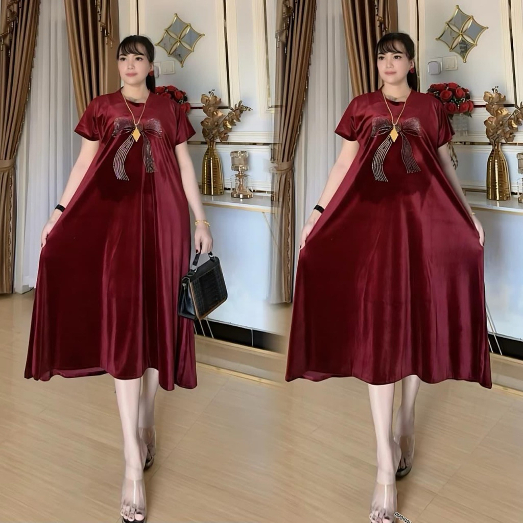 Midi Dress Bludru Mama Muda Kekinian Lengan Pendek Cantik dan Elegan