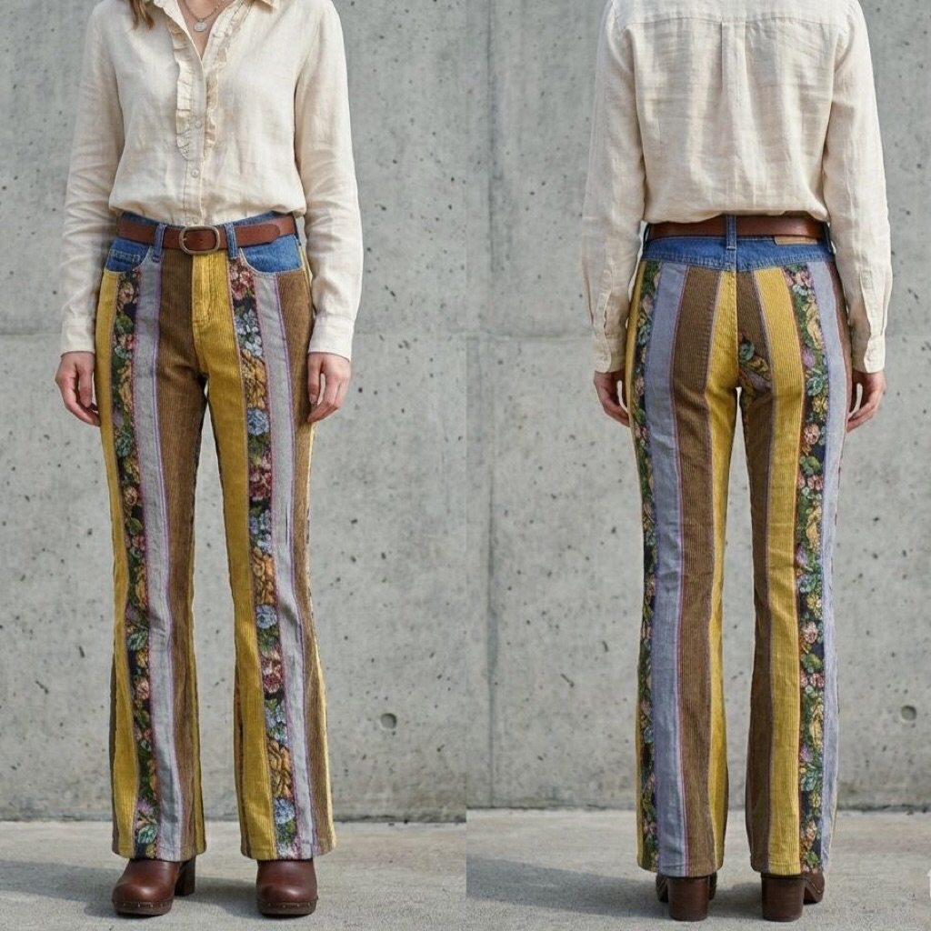 Size 26 Celana Panjang Longpants Corduroy Patchwork Floral Y2k Vintage Bootcut Second Preloved #CJ16