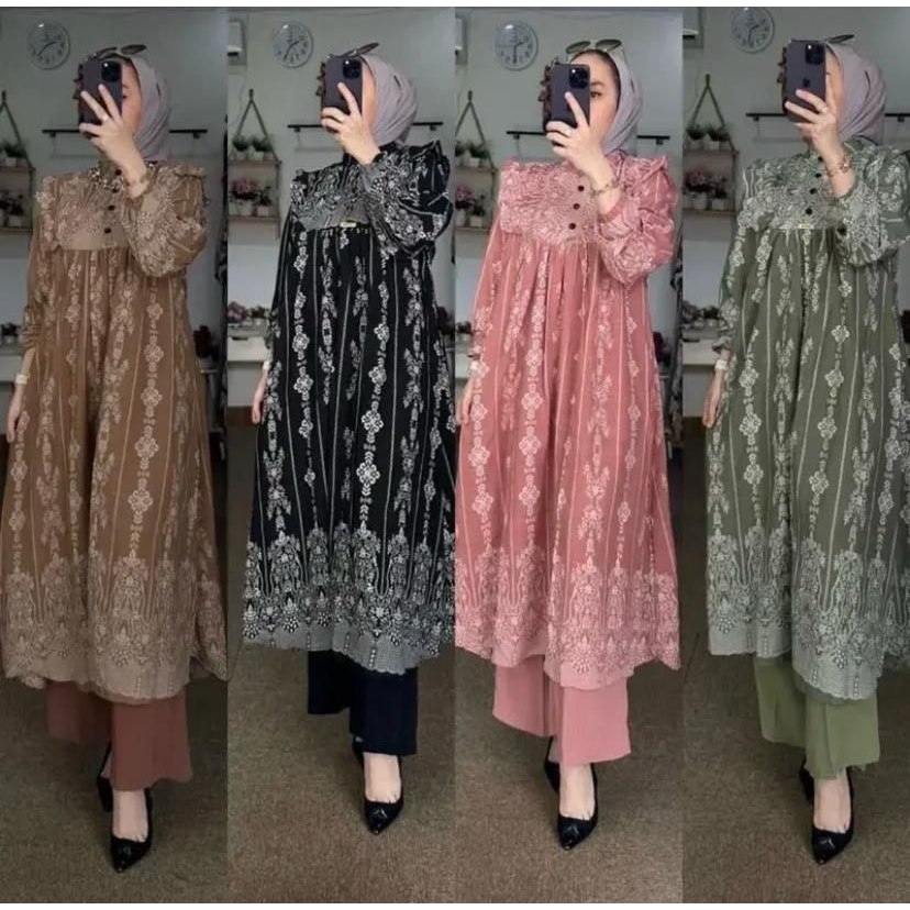 One Set Tunik Setelan Etnik Wanita Bunga Long