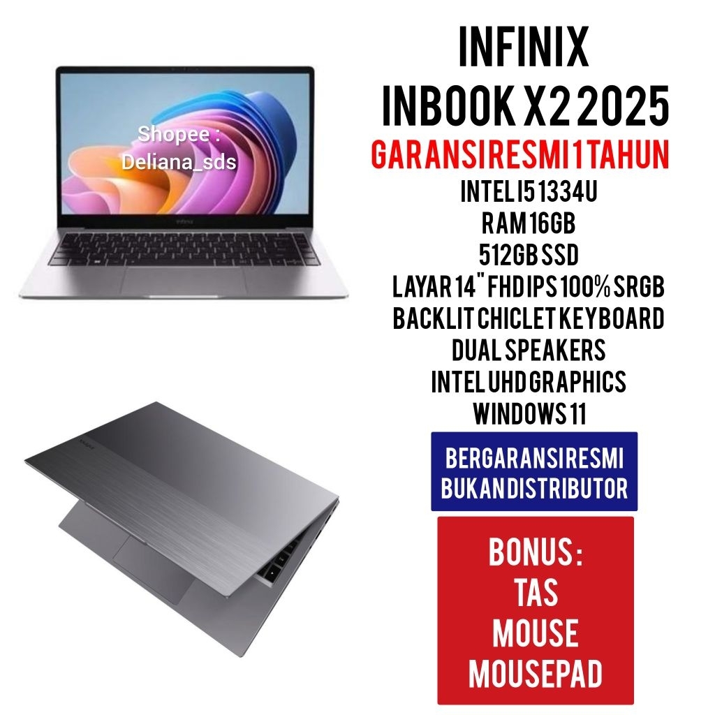 Laptop Infinix Inbook X2 2025 Intel I5 1334U 16GB/512GB SSD 14" FHD IPS 100% SRGB Garansi Resmi 1 Ta