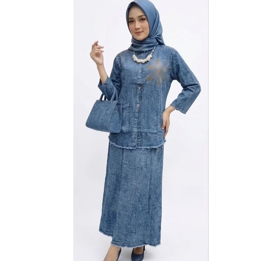 Setelan Rok Wanita Jeans Washed Premium  / One Set Muslimah Bordir Bunga Busui Friendly Terbaru