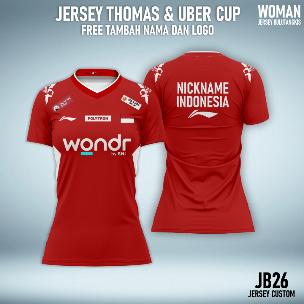 Kaos wanita Jersey Thomas dan Uber cup 2026 free custom