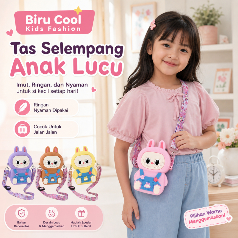 Biru Cool Kids Fashion Tas Selempang Mini Anak Karakter Lucu Dompet Koin dan HP Tas Anak Perempuan I