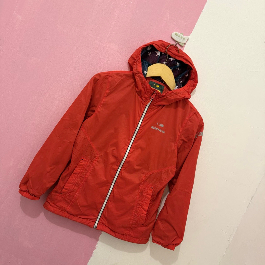 jaket outdoor hoodie merah anak eider 150 10-12 tahun