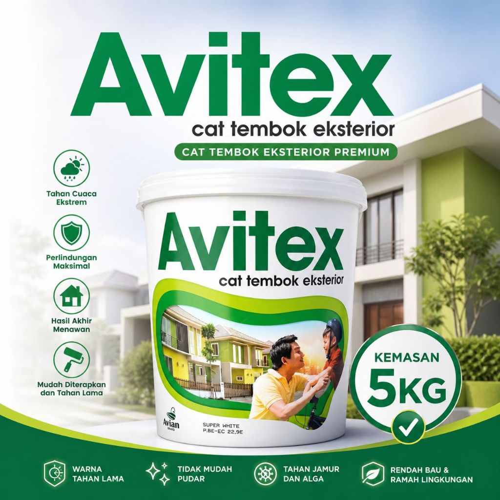 Avitex Cat Tembok Eksterior 5KG Anti Jamur Tahan Cuaca Waterproof Cat Luar Rumah Premium