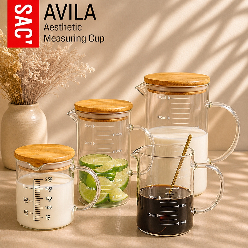 AVILA Gelas Ukur Kaca Tutup Kayu Measuring Cup Kaca Gelas Takar Gelas Takaran Cafe Measuring Cup