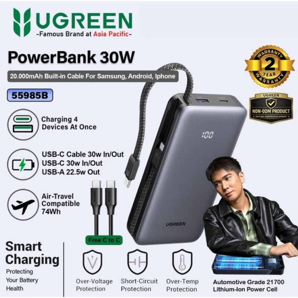 Ugreen Powerbank 20000mAh Built-in Usb C Cable Fast Charging 30W - 55985B
