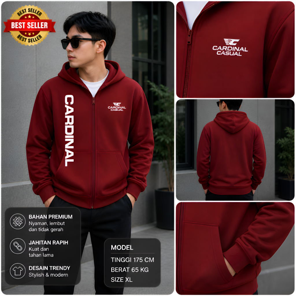 jaket zipper CARDINAL pria hitam OVERSIZE/JUMBO ALL ZISE S M L XL XXL XXXL 4XL 5XL
