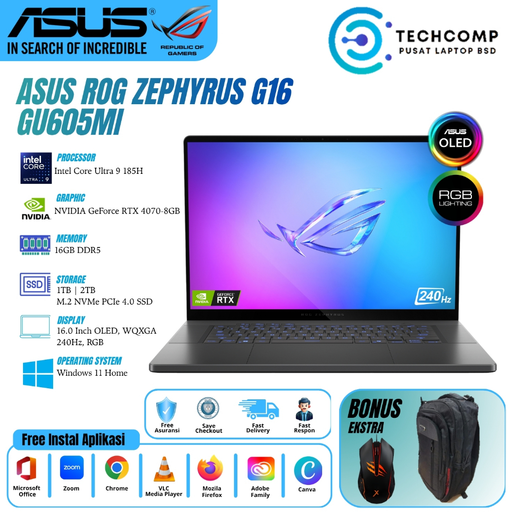 Laptop Asus ROG Zephyrus G16 GU605MI Core Ultra 9 185H RTX4070-8GB 16GB  2TB 16'' WQXGA OLED Win11