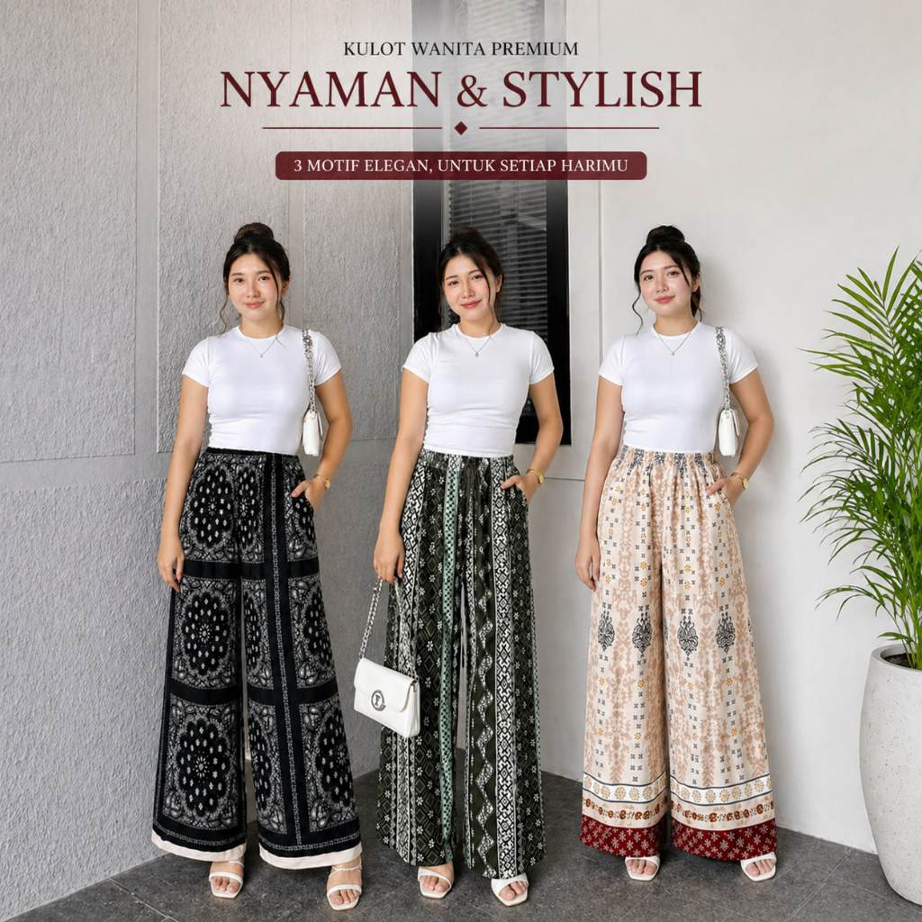 Celana Kulot Hommy Free Pouch Motif Wanita Bahan Rayon Kulot Panjang Motif Adem Rayon Garis Kain
