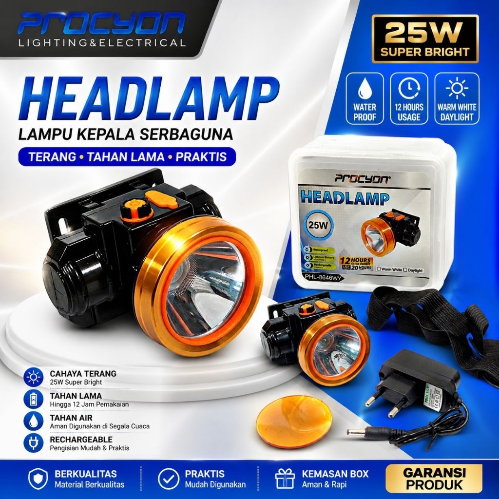 PROCYON PHL-8646WY Headlamp Senter Kepala LED Rechargeable 25W 2400mAh Waterproof Tahan Lama