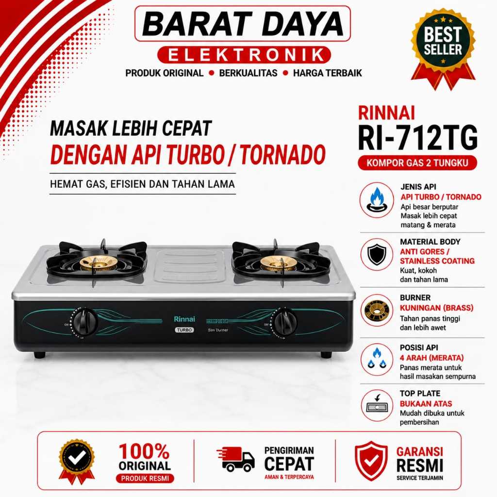 Kompor Gas Rinnai Tornado Kompor Gas 2 Tungku RI-712TG Kompor Api Tornado