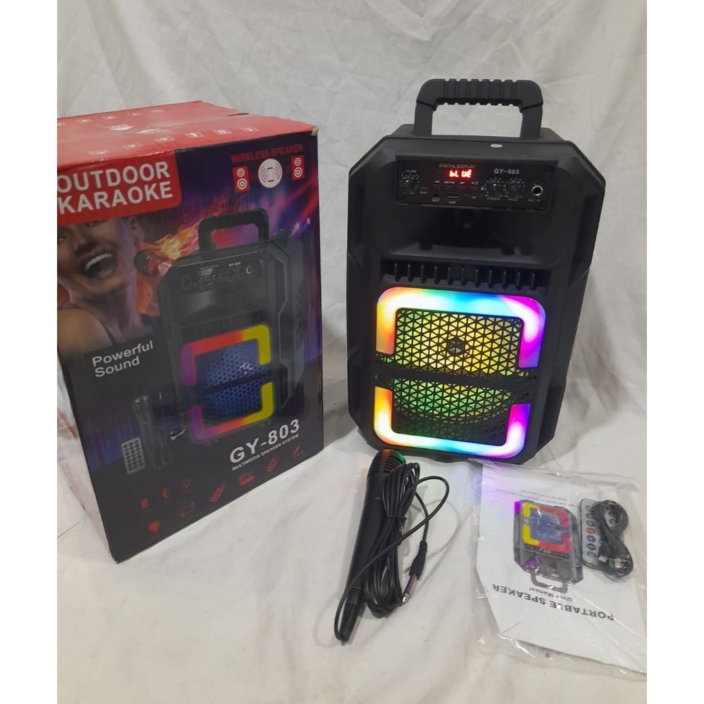 super bass gy 803speaker portabel bluetooth Bonus mic kabel tersambung Ukuran 8 inchi22 x 18 x 38 cm