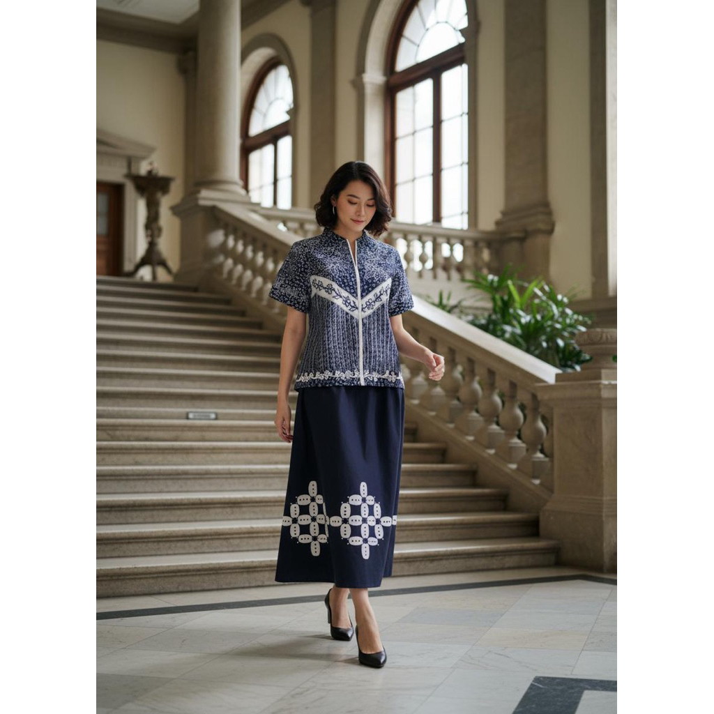 Blus batik cap lasem hitam putih dengan bordir