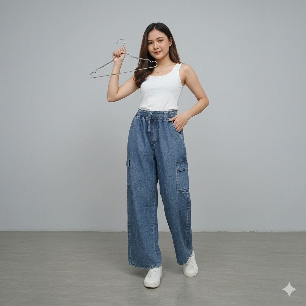 Celana Kulot Cargo Jeans Wanita Snow Wash Pinggang Karet / Kulot Kargo Denim Panjang OOTD Hijab
