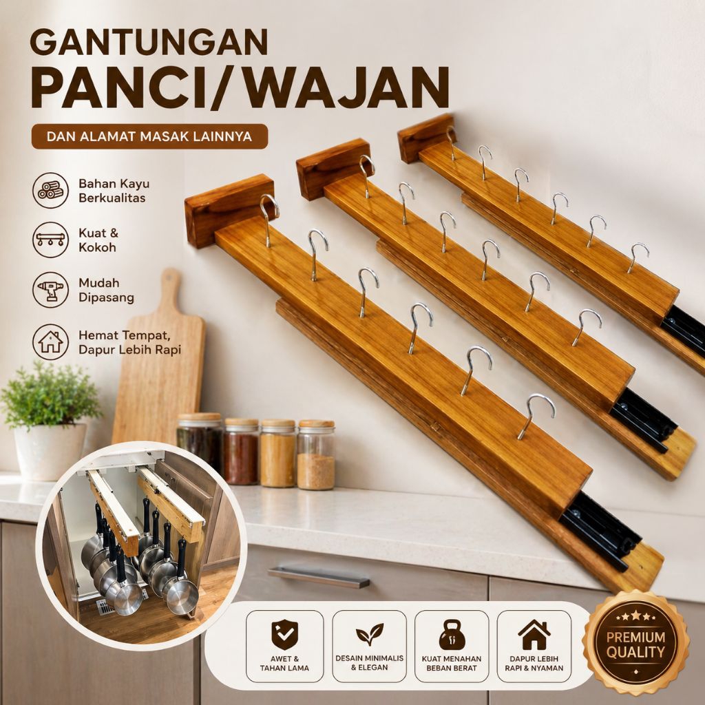 Gantungan Panci Wajan Rel Sleding Tarik Dorong Free Cantolan Gantungan Panci Kolong Dapur Minimalis