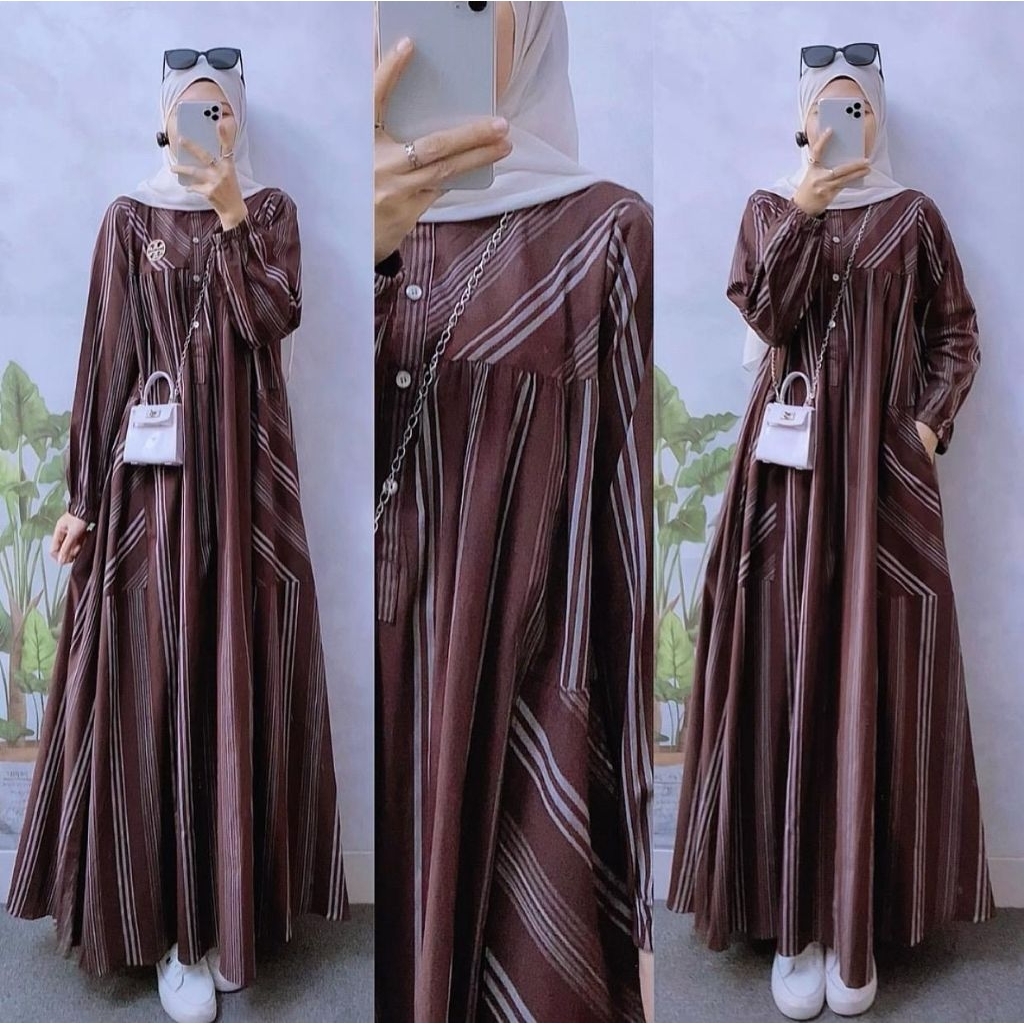 MIDI GARIS MAHOGANI BAHAN KATUN PREMIUM KANCING AKTIF SAKU KANAN KIRI