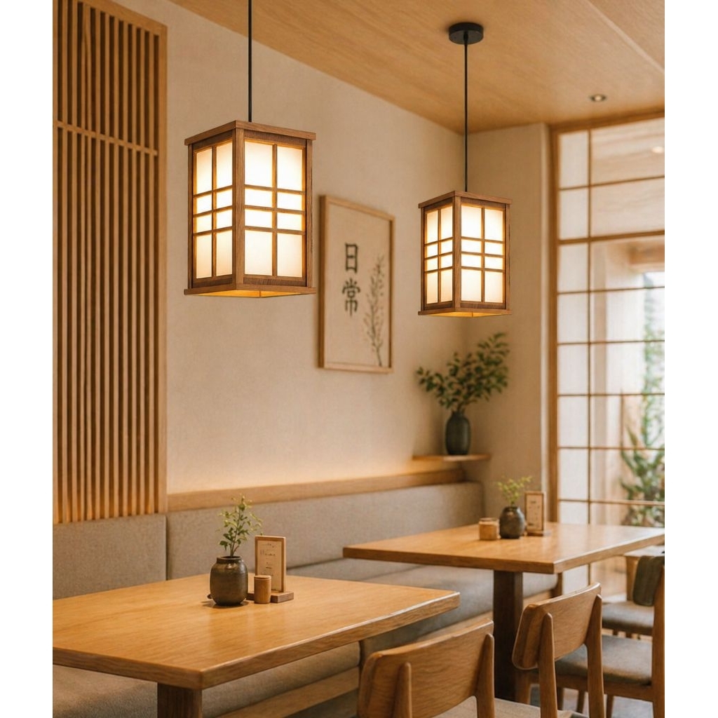 Kap lampu gantung model shoji jepang minimalis dari kayu pilihan bonus lampu kabel dan fitting