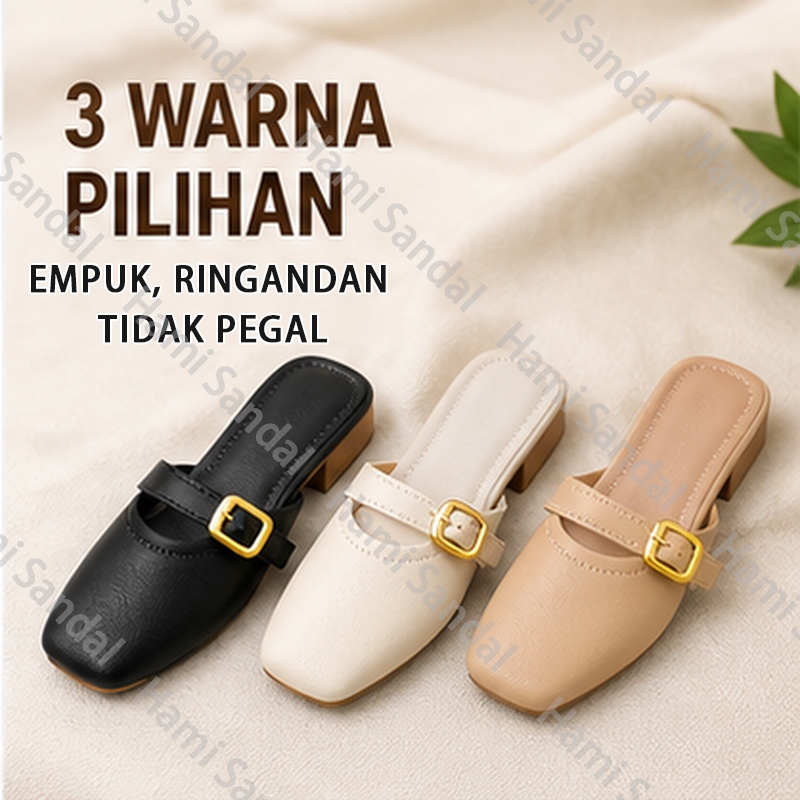 Sandal Wanita Mules Block Heel Tali Karet Desain Square Toe Stylish Warna Hitam Putih Khaki