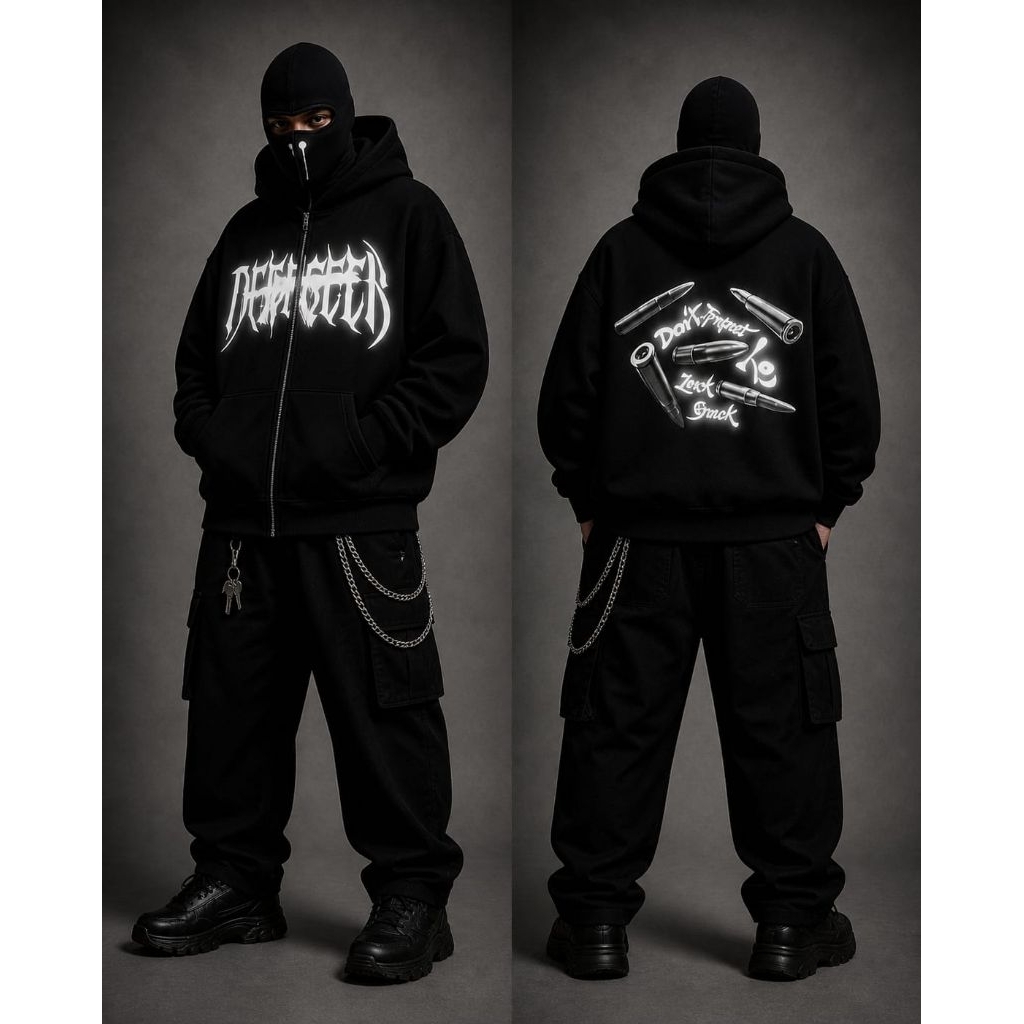 Hoodie Balaclava Zipper Reflektif Sablon Nyala Frenemy Jaket Boxy Hitam Pria Wanita