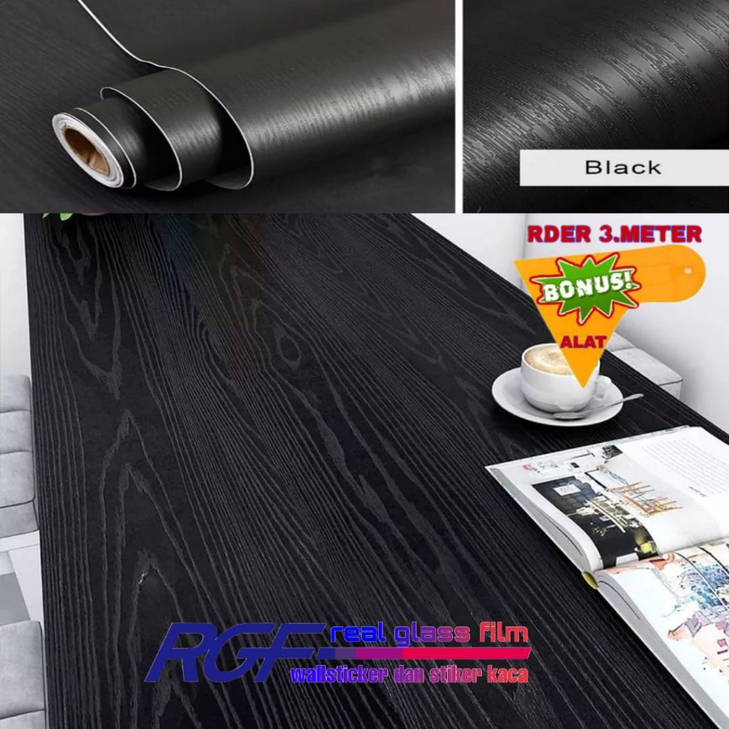 HPL STIKER HITAM DAPUR/HPL STIKER WALLPAPER DINDING MOTIF SERAT KAYU HITAM/WALLPAPER STIKER MEJA HIT