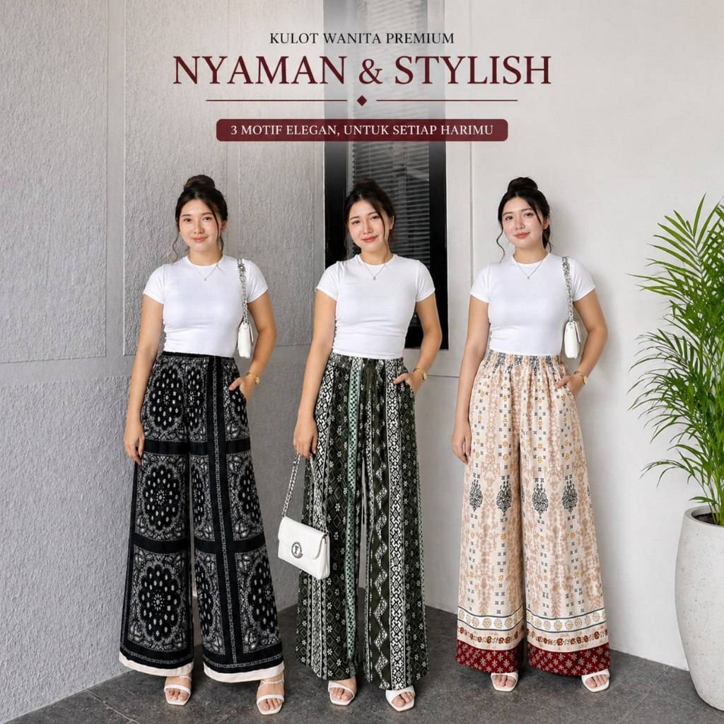 Celana Kulot Hommy Free Pouch Motif Wanita Bahan Rayon Kulot Panjang Motif Adem Rayon Garis Kain