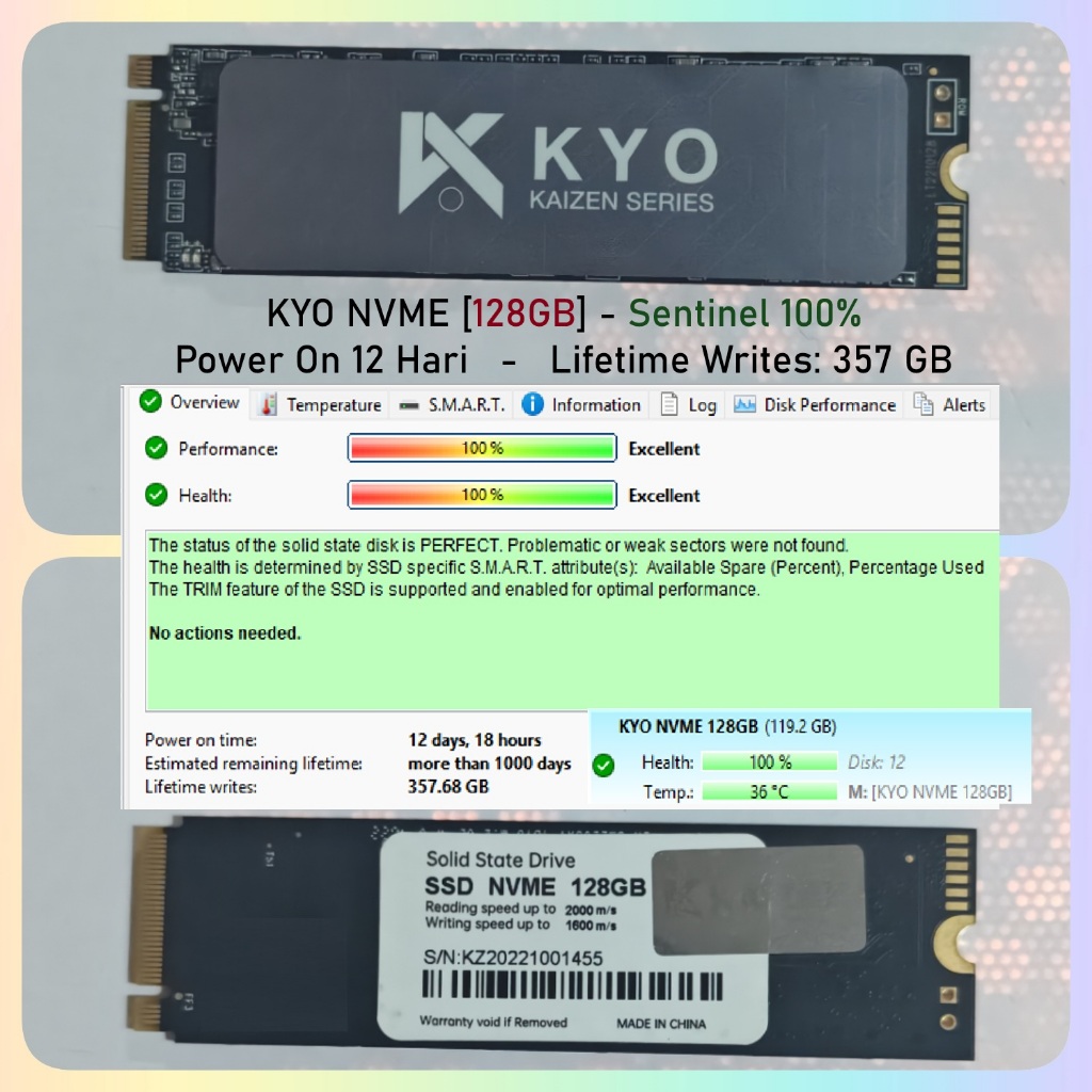 SSD M2 NVME 128GB KYO Sentinel 100% 128 GB Second Bekas Murah SSD Bekas Second Seken Copotan nvme m2