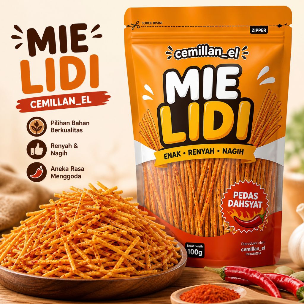 Pedas Viral Mie Lidi Pedas Nikmat Mie Lidi Gepeng 120 Gram