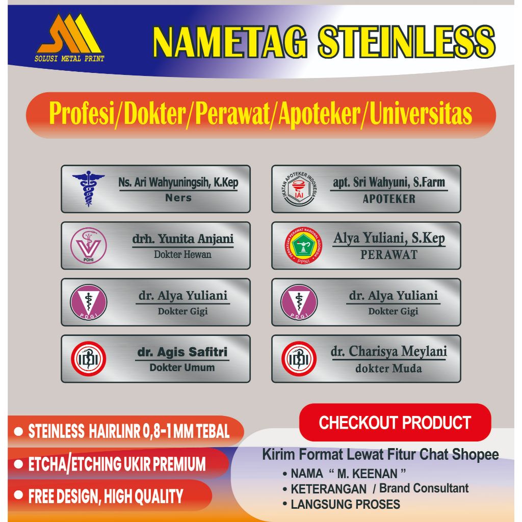 Solusi Metal | Nametag Dokter | Namtag Perawat | Nametag IDI | Nametag steinless Etching | Nametag U