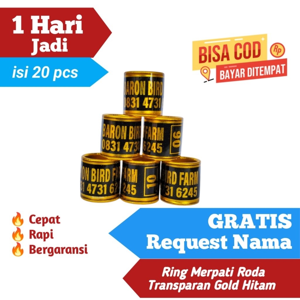 (20 pcs) Ring Merpati Roda import Transparan Gold Hitam GRATIS Request Nama